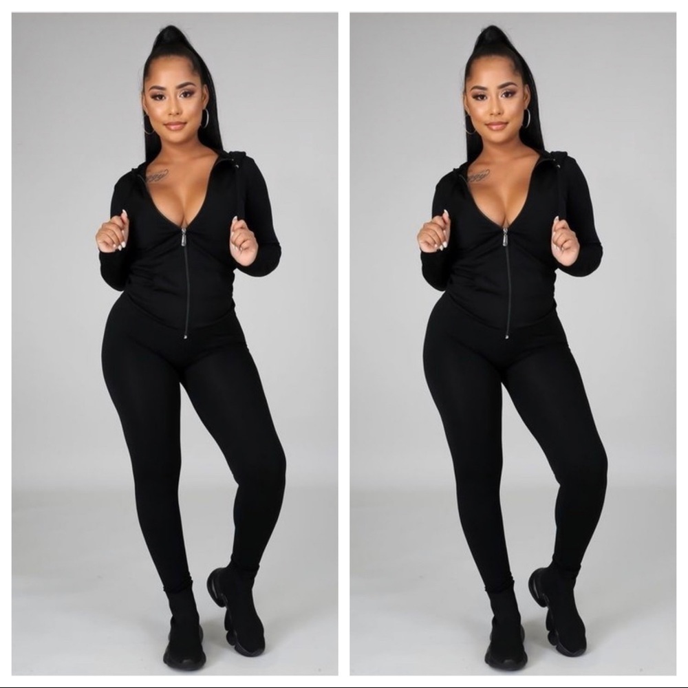 NEW FALL TRENDY BLACK TWO PIECE ZIP HOODIE LEGGINGS SET